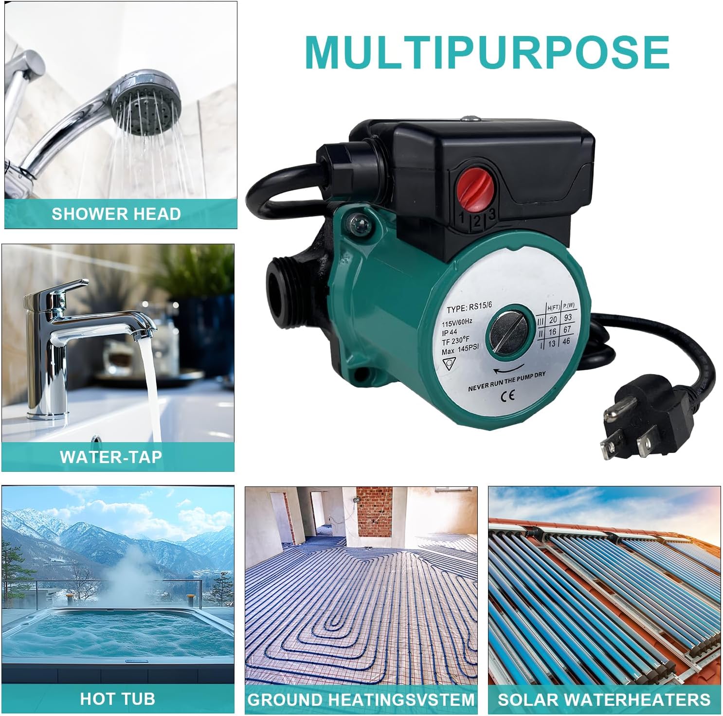 Water Recirculating Pump 115V,145PSI Heat Circulation Pump for Solar Heater System,3-Speed Control Red Hot Water Pump for Boiler House Industrial Equipment