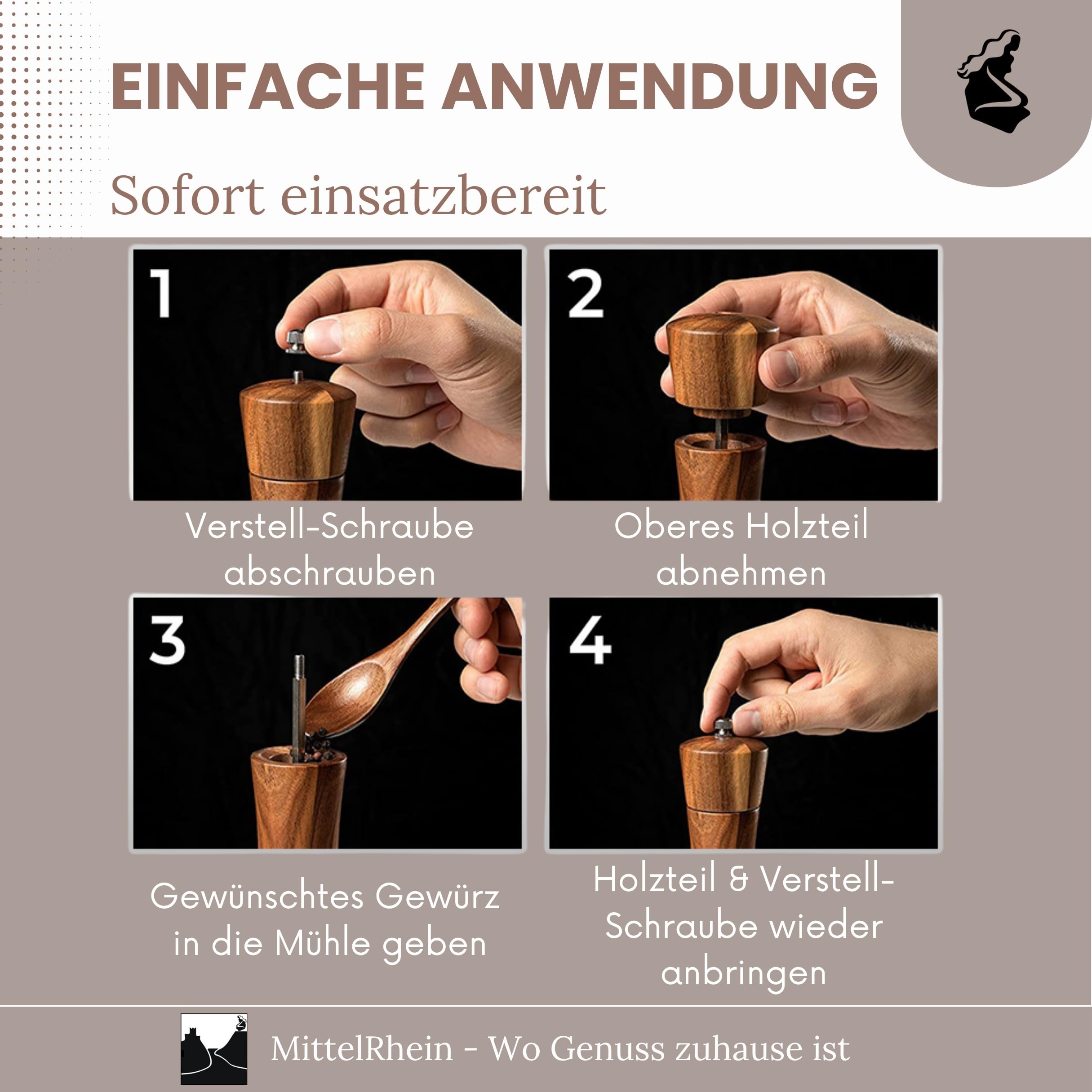 LORELEY® MITTELRHEIN Germany Salz- & Pfeffermühle aus Holz mit Keramikmahlwerk – inkl. Untersetzer & Pinsel – Gewürzmühle in Geschenkbox – Geschenk zur Hochzeit | Einweihung (Luxury Holz)