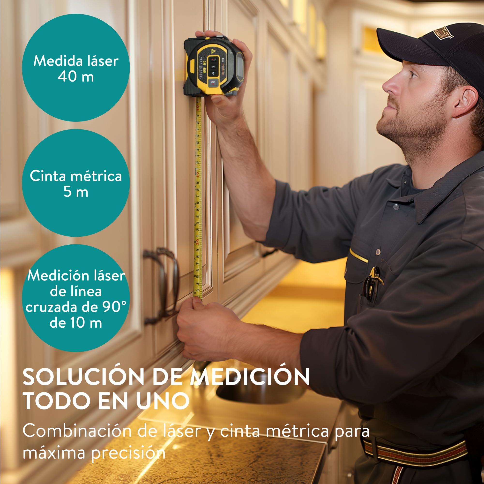 kwmobile Cinta Metrica Digital 3en1 - Medidor Laser Distancia 40m con Cinta Métrica 5m - Para Distancia Area Volumen y Medición Pitagorica - Metro Laser con Pulgadas Pies y Metro