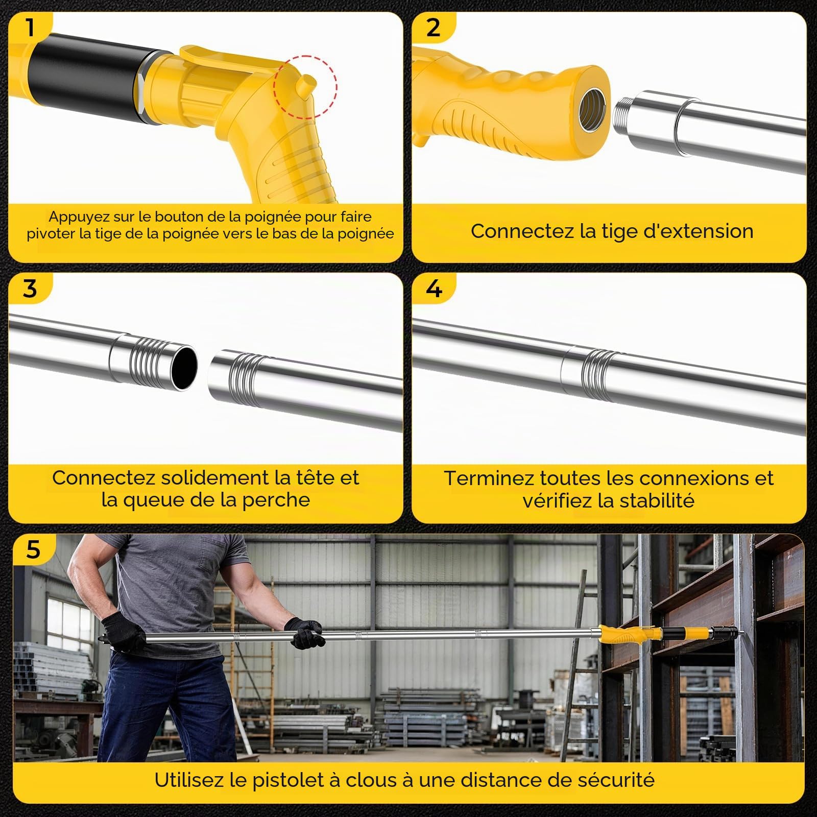Cloueur Beton, Pistolet à Clous Manuel avec 5 Niveaux et Barre d'Extension pour Fixation au Plafond, Pistolet Cloueur en Acier pour Bricolage et Professionnels