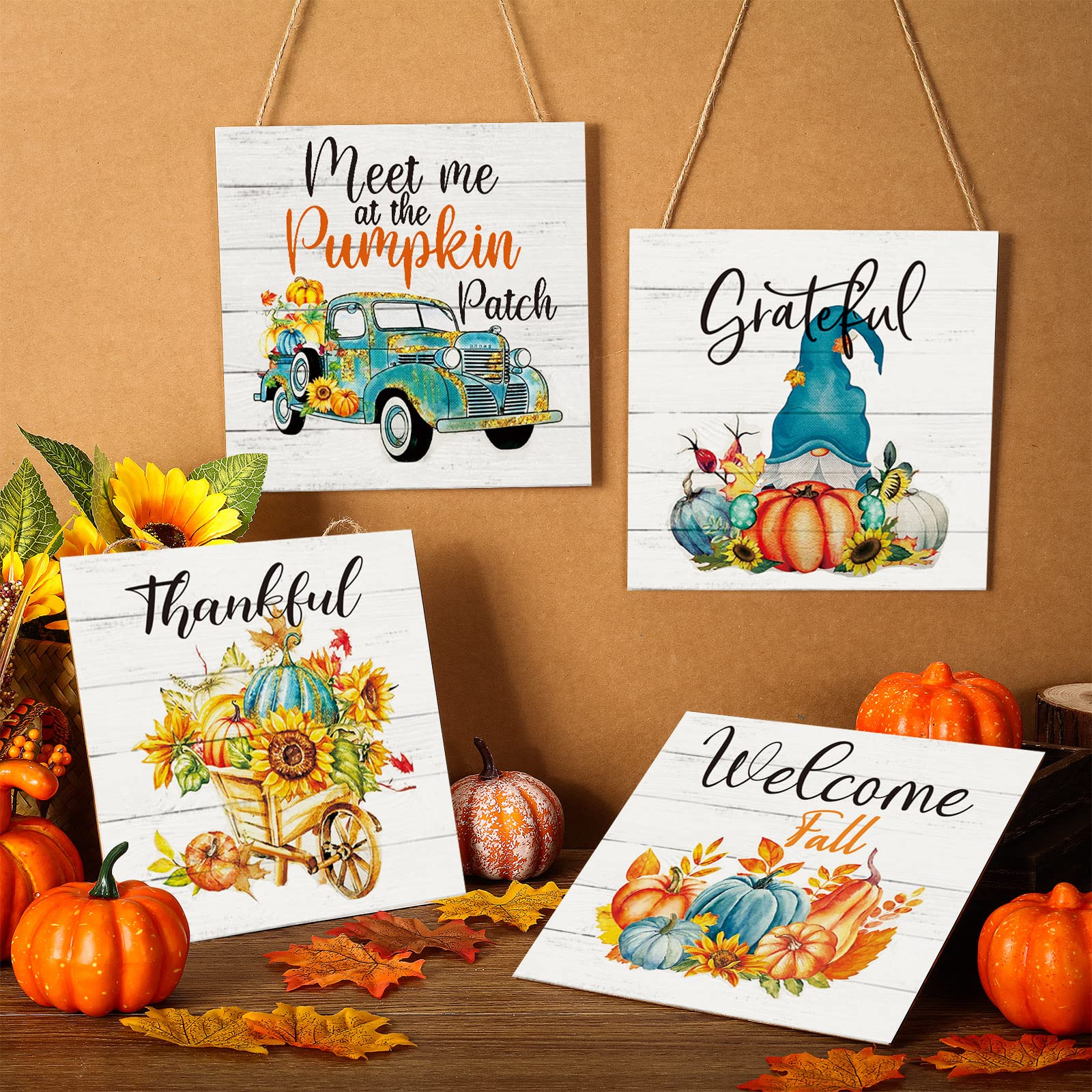 4 Pieces Fall Sign Thanksgiving Pumpkin Wood Sign Farmhouse Outdoor Teal Autumn Decor with Sunflower Gnome Truck for Home Fall Pumpkin Welcome Sign Hanging Pumpkin Shaped Fall Decoration