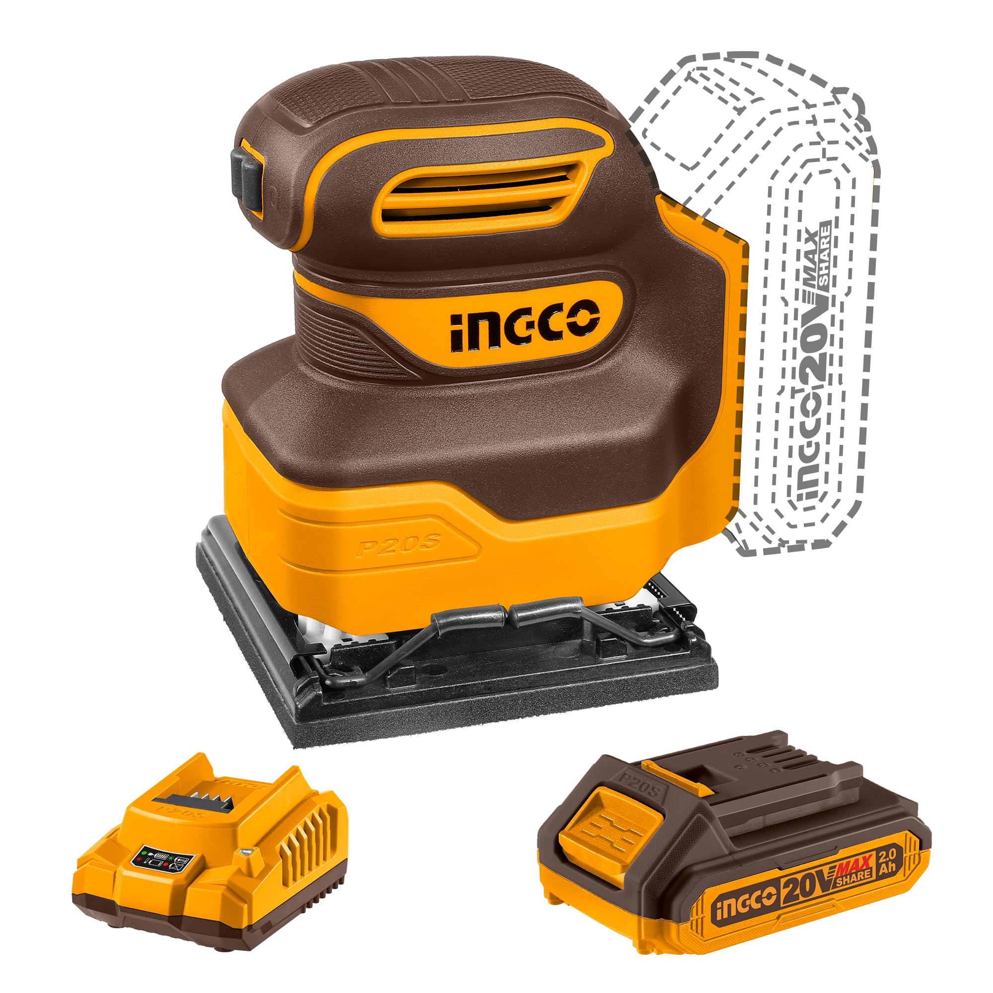 20V Cordless 1/4 Sheet Sander 12000RPM Electic Orbital Sander with 1Pcs 2.0Ah Battery and 1Pcs Charger