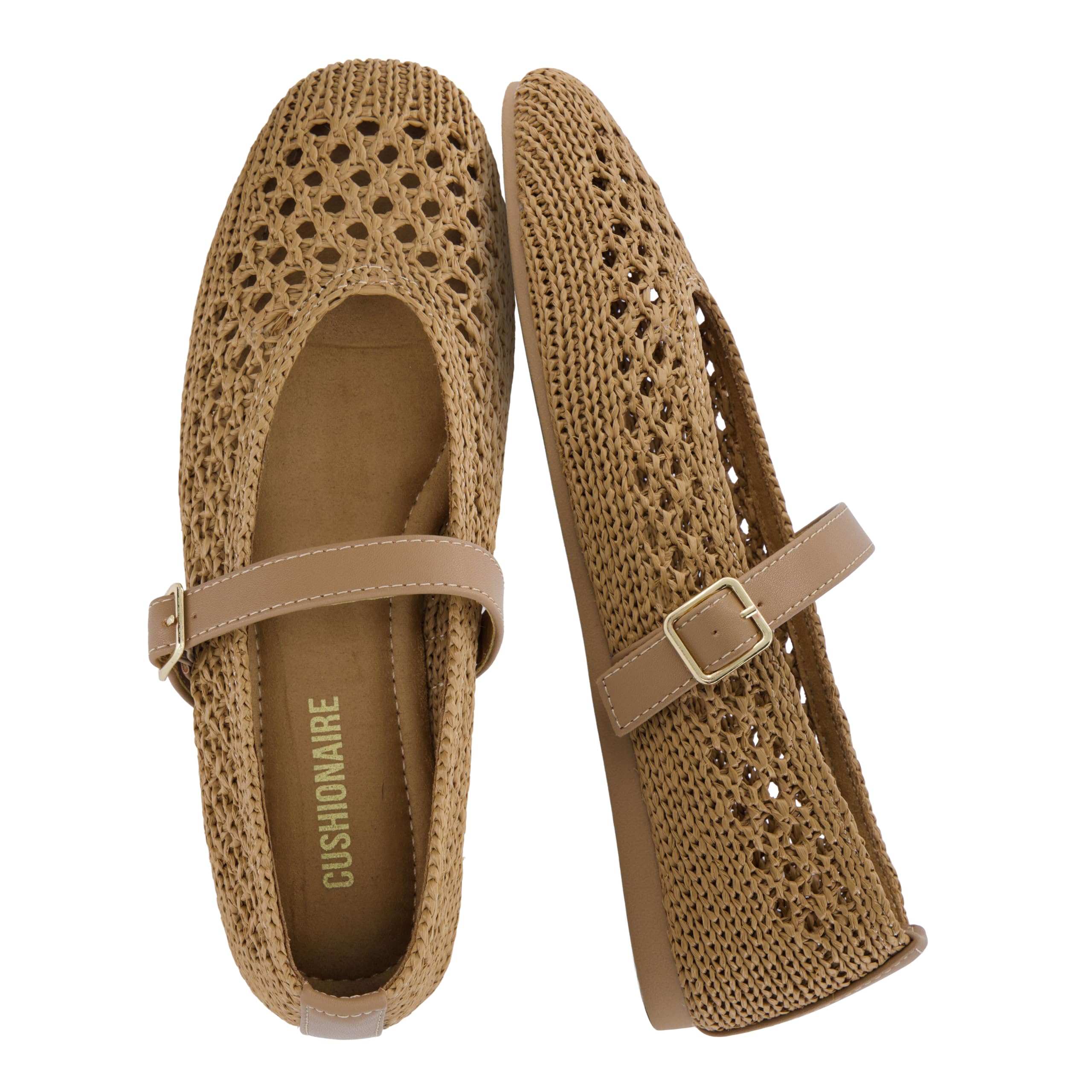 CUSHIONAIRE Graff Mary Jane Shoes for Women, Woven Ballet Flats with Adjustable Buckle Strap, Lightweight Slip On Shoes