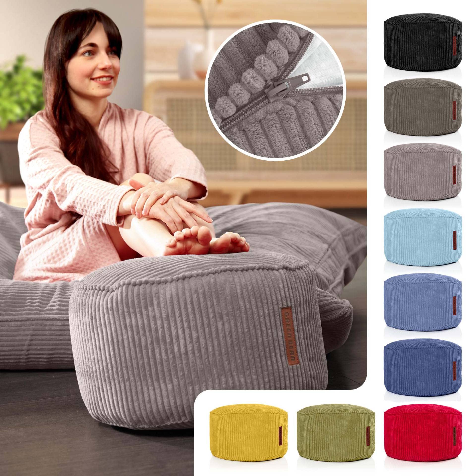 Green Bean© Indoor Pouf 45x25cm EPS-Perles de Remplissage & Tissu Velours côtelé Doux Lavable - Intérieur Coussin de Sol Coussin d'assise Pouf de détente Enfants Adultes Tissu Gris