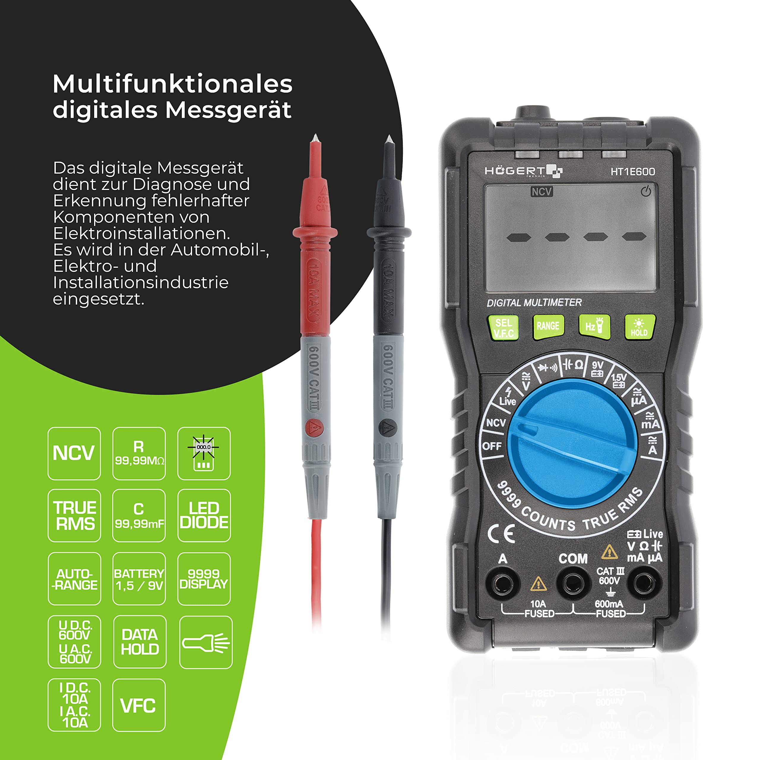 HÖGERT TECHNIK - Multimetro digitale con TRUE RMS, NCV, VFC, selezione manuale/automatica, display LCD, rilevamento di fase, per elettrici, auto e officina