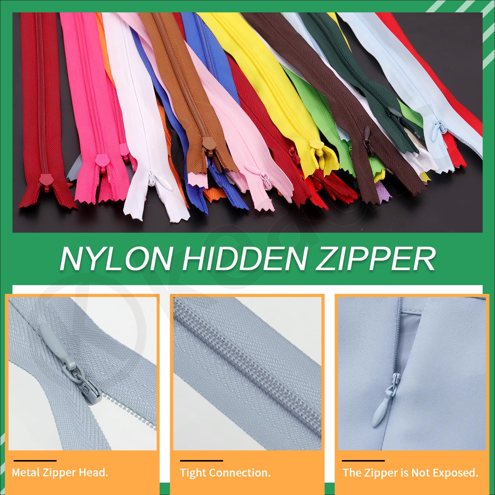 Swpeet Lot de 42 fermetures éclair invisibles en nylon de 20 couleurs mélangées de 40,6 cm avec mètre ruban et ciseaux, fermeture éclair dissimulée en nylon multicolore pour couture sur mesure