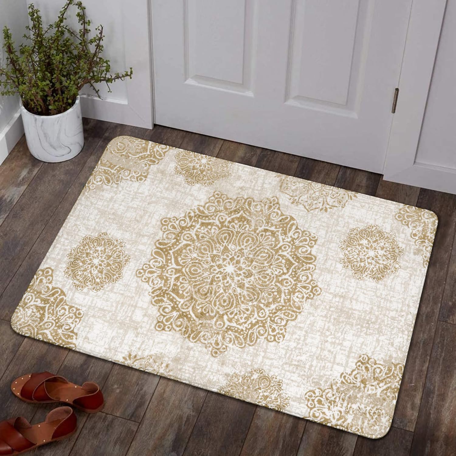 Lahome Vintage Medallion Washable Kitchen Rugs - 2x3 Small Area Rug Indoor Door Mats for Entryway Soft Throw Non-Slip Bathroom Bedroom Rugs Taupe Print Distressed Capet for Laundry Living Ro