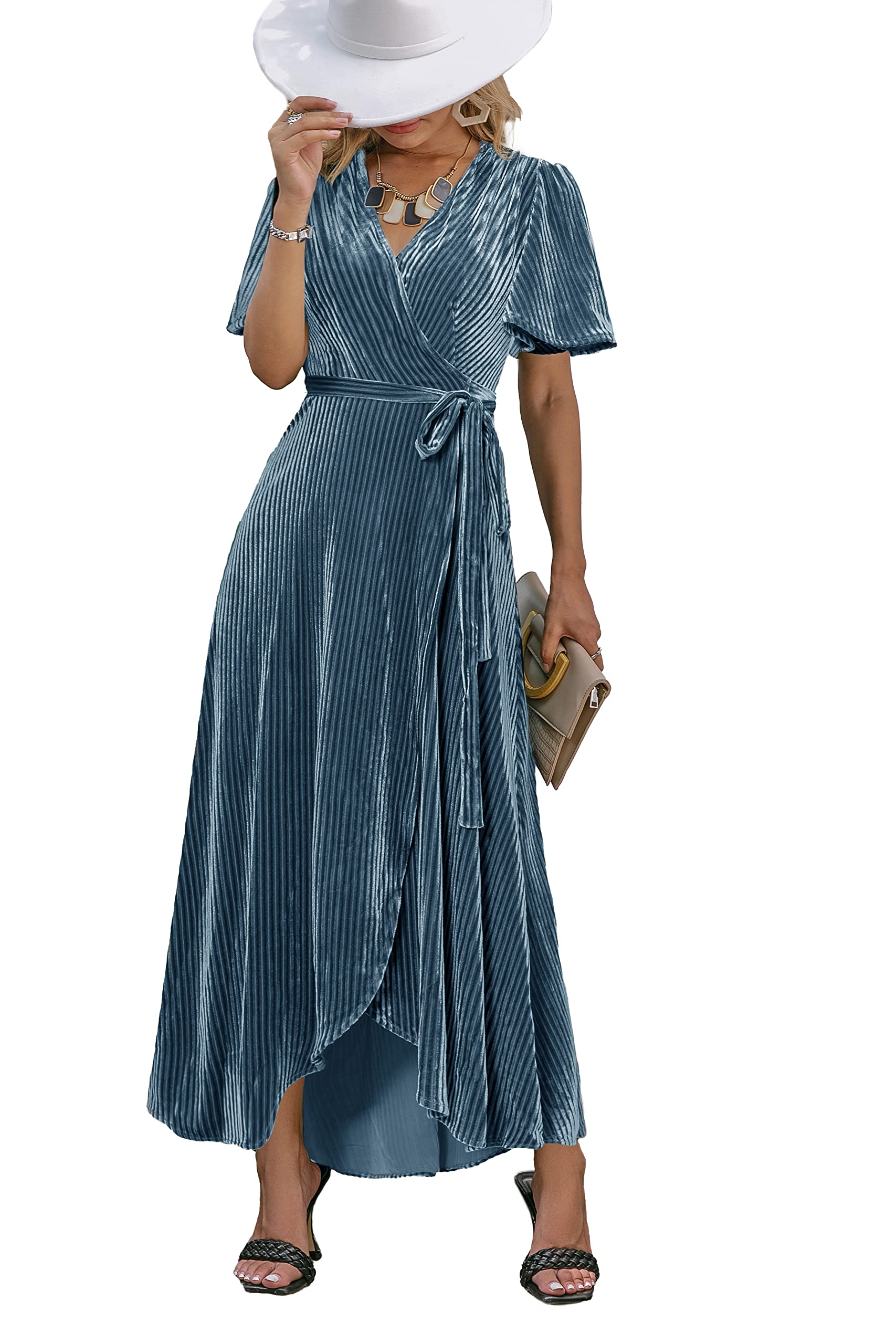 BerryGo Women's Velvet V Neck Wrap Semi Formal Dress Cocktail Party Maxi Dress for Wedding Guest