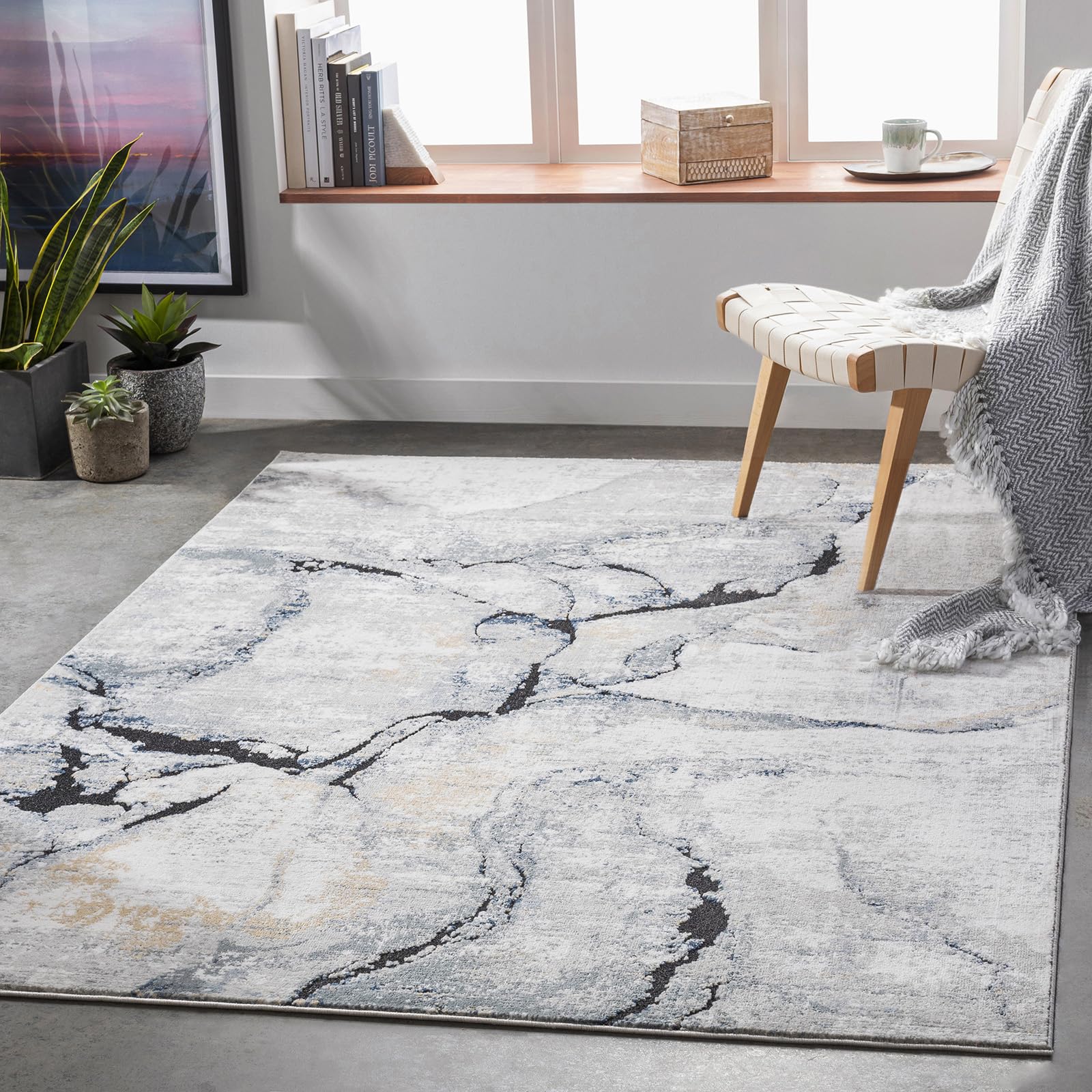 Livabliss Berlin Tapis Moderne Abstrait - Tapis Salon, Salle à Manger, Chambre Adulte et Ado, Cuisine - Design Marbre Moucheté Multicolore, Poil Ras Doux 160x220 cm - Gris, Bleu, Ivoire