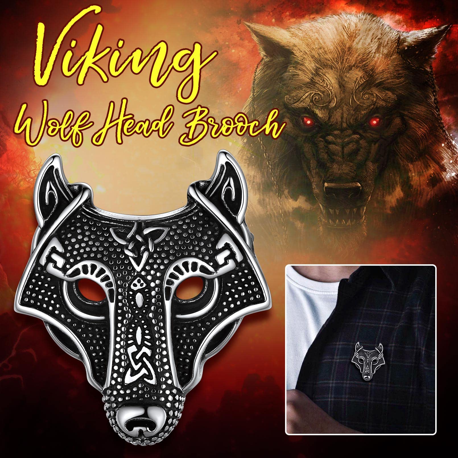 Viking Wolf Brooches for Men Stainless Steel Punk Norse Celtic Knot Fenrir Pins