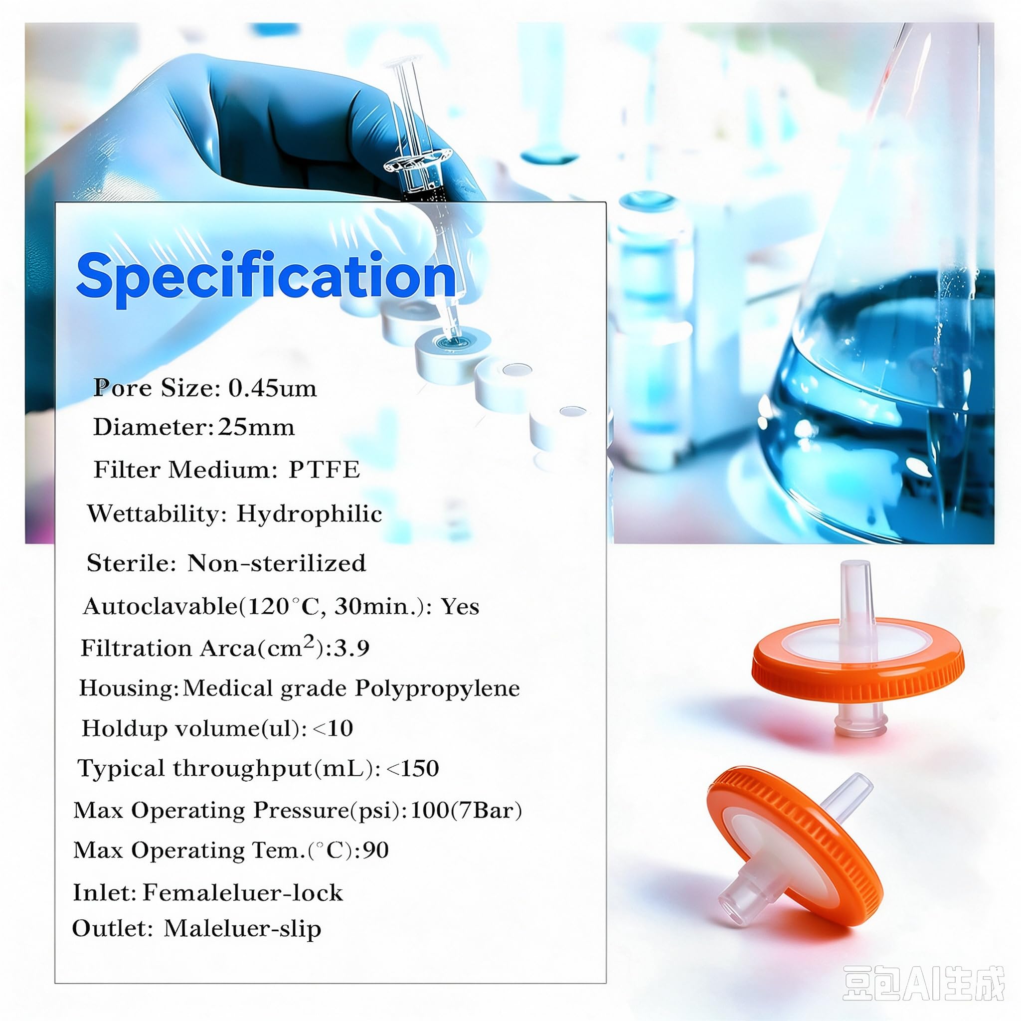 Syringe Filter Hydrophilic PTFE, 25mm 0.45um, Non-Sterile, 100PCS — Amazon image 2