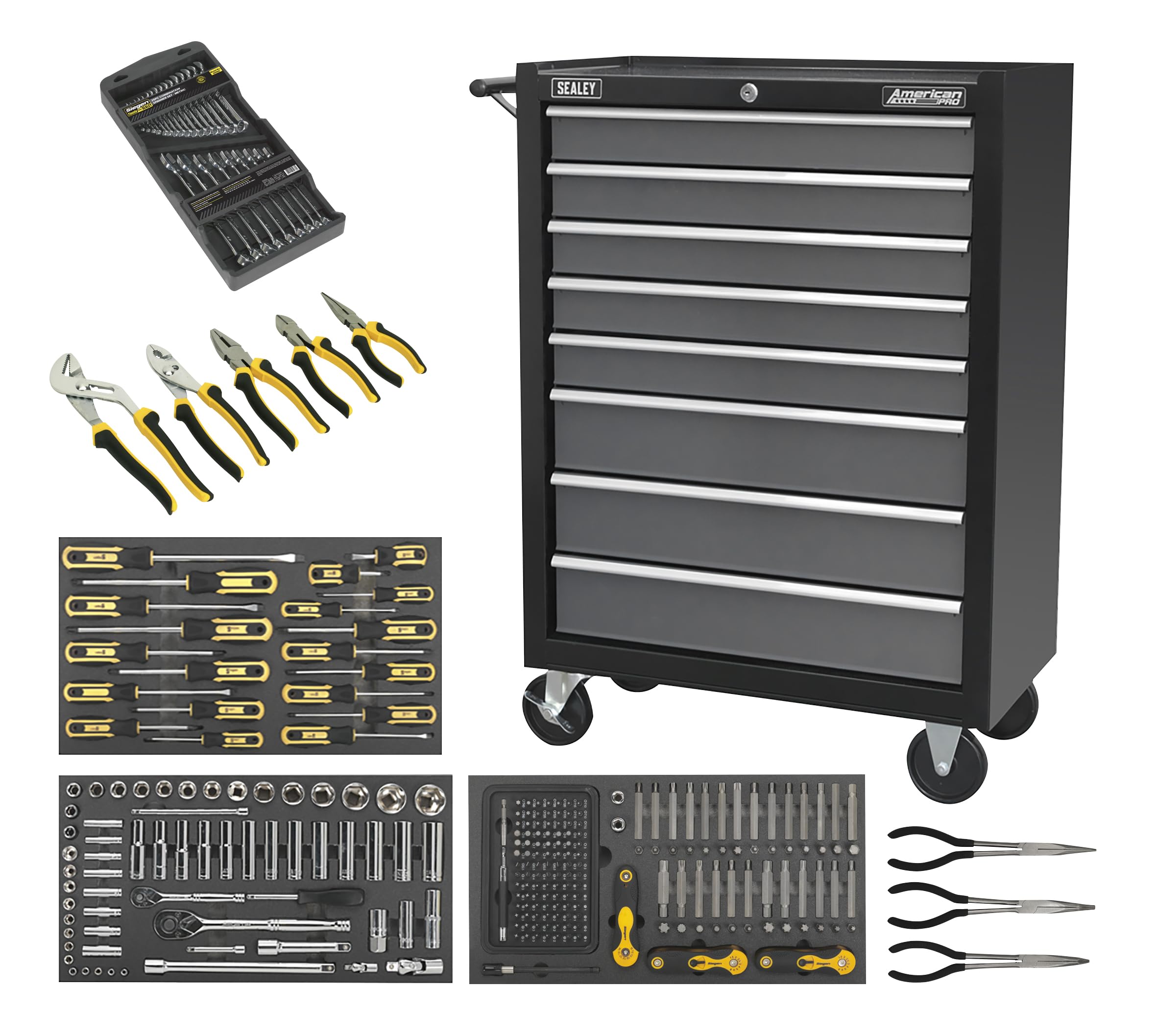 Sealey 8 Drawer Rollcab with 302pc Tool Kit - Black/Grey - Ball-Bearing Slides