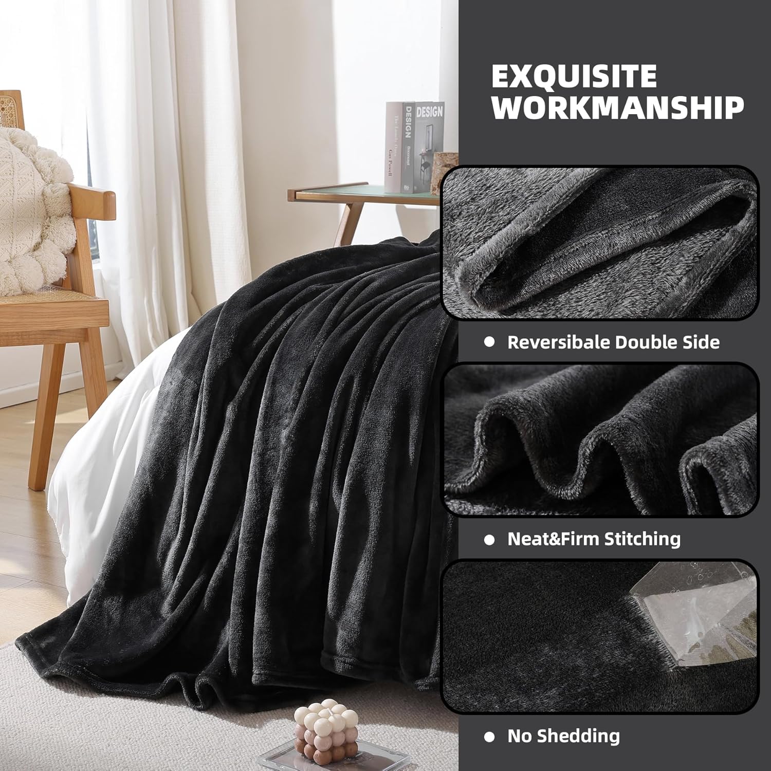 Black Fleece Throw Blanket for Couch Chair Sofa, Soft Warm Fuzzy Cozy Blankets for Women Men, 300GSM Room Decor Flannel Microfiber Blankets for All Seasons, 50x60 Inches - Image 3