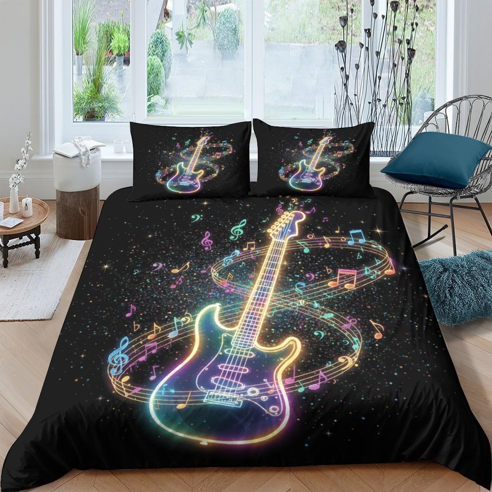 Ctjqhvkz Style-3 3D Printed Neon Guitar Fitted Sheet Microfiber Soft Music Notes Bed Cover For Bedroom Dorm Mattress Decor Single（135X200cm）