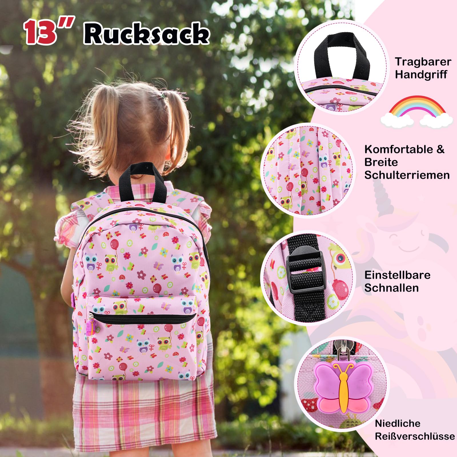 DREAMADE 5tlg Kinderkoffer Set, Kinder Reisekoffer mit Rucksack, Nackenkissen, Lunchtasche & Kofferanhänger, Reisetrolley mit Rollen für Kinder ab 3 Jahren, 30 x 23 x 46cm (Pink-Eule)