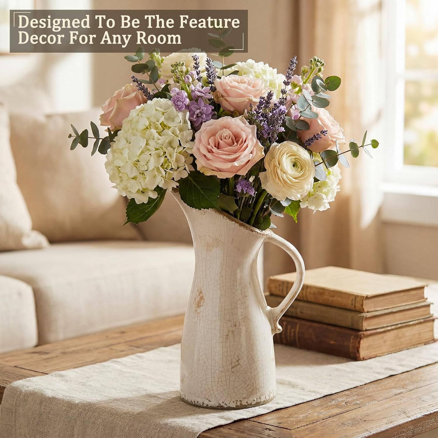 Sawysine 10.7 Inch Vintage Ceramic Vase with Handle Retro Ice Cracked Glaze Porcelain Vase Rustic Farmhouse Centerpiece Table Decorations for Home Decor Table Centerpiece(Minimalism)