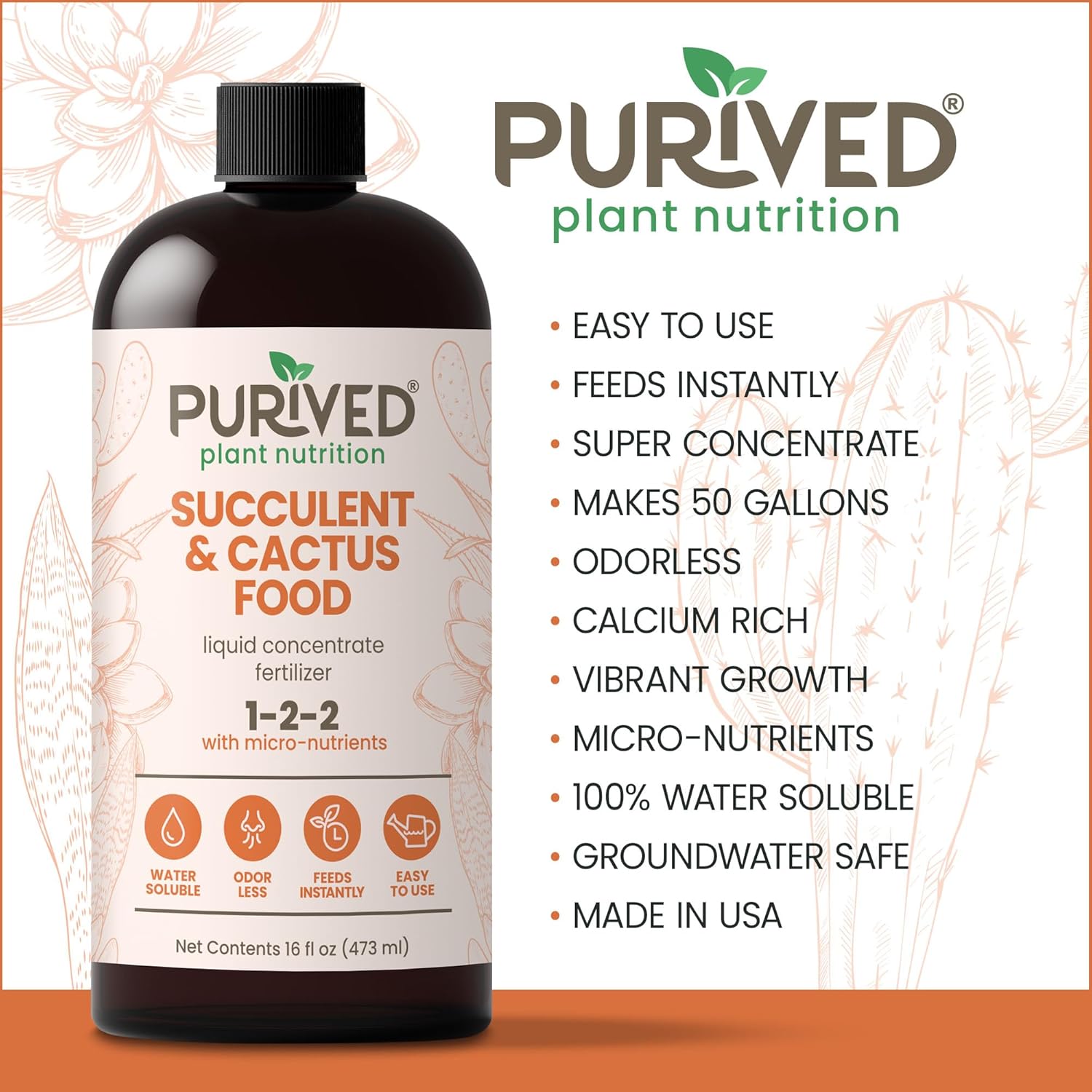 Purived 16oz Succulent & Cactus Liquid Fertilizer – Makes 50 Gallons, Ideal for Aloe, Jade, Cacti & More, All-Natural, Groundwater Safe, Made in USA