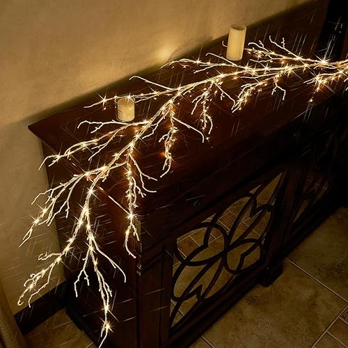 Miniatura 8 de LITBLOOM Guirnalda de abedul con luces de 6 pies, 120 luces de hadas enchufables, guirnalda de vid blanca iluminada para el hogar, chimenea, pared,