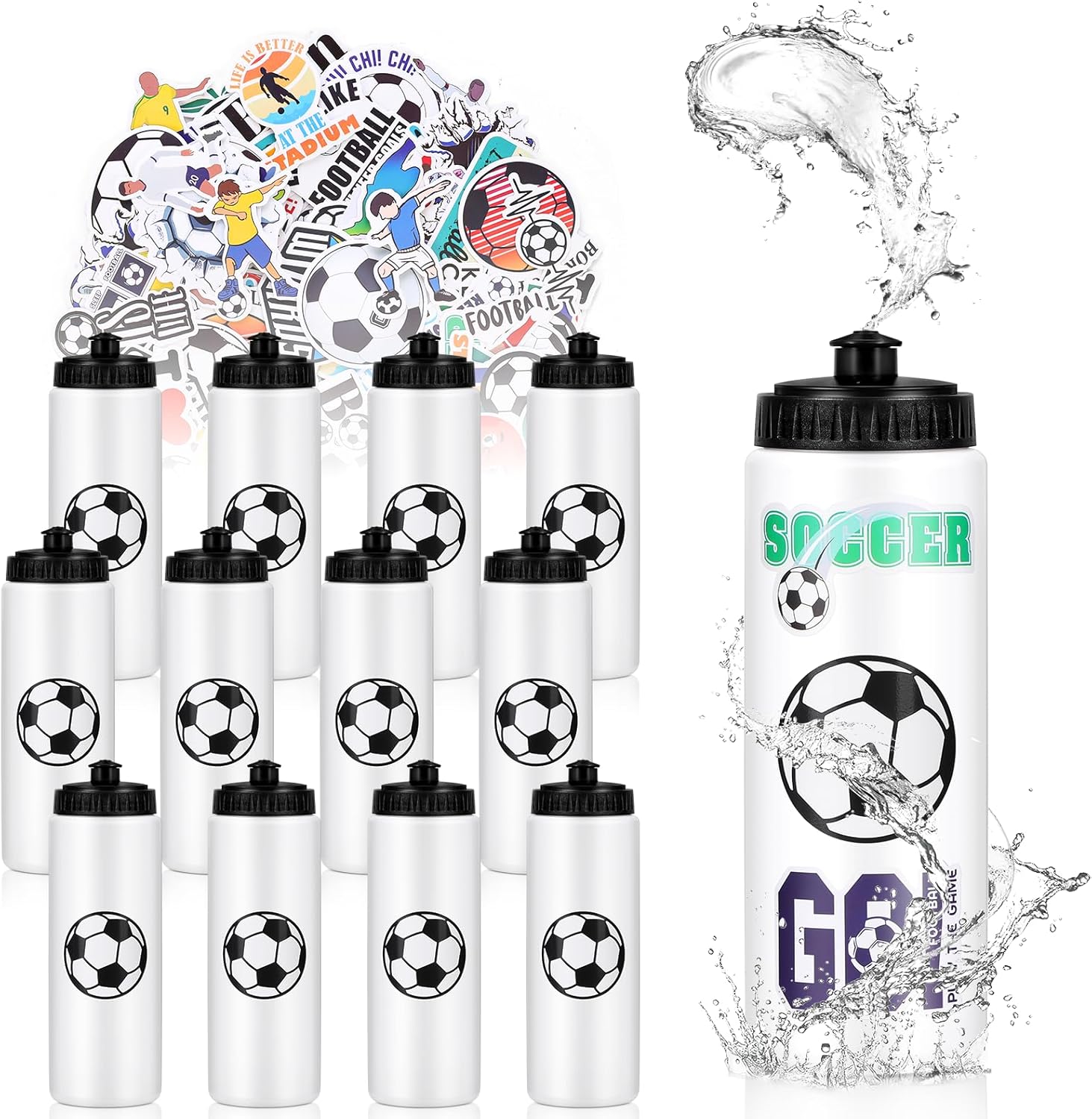 DI QIU REN 12 PCS Soccer Water Bottle Bulk with 300 PCS Stickers, 20 OZ Plastic Reusable Soccer Water Bottles for Boys, Squeeze Water Bottles Sports for Team, Sports Bottles Squeeze for Gym