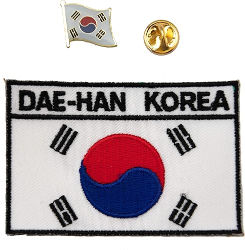 A-ONE -Parche de aguja de Corea del Sur+Pin de emblema de Corea del Sur, parche de emblema nacional termoadhesivo coreano insignia de la bandera del