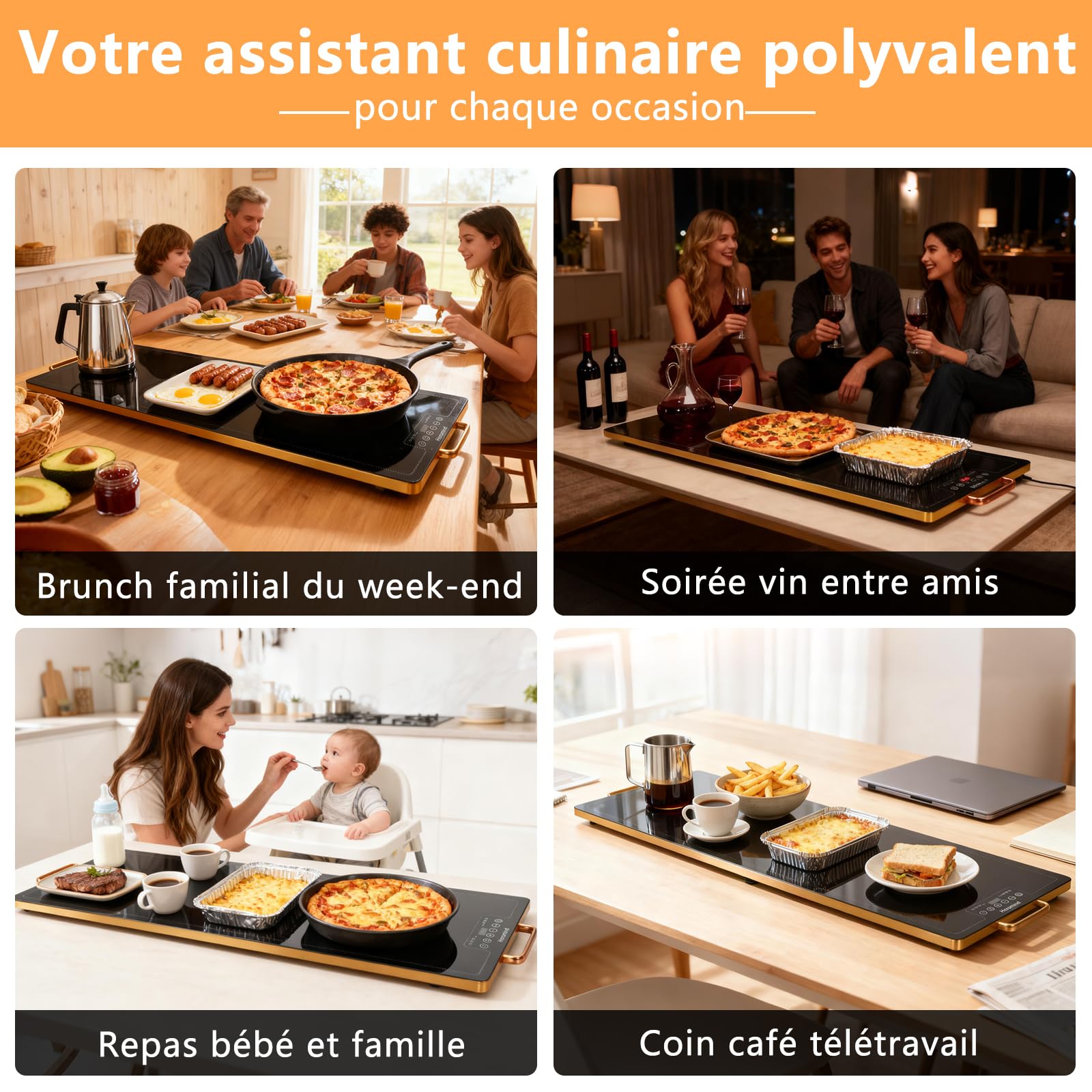 Plateau de Chauffage 100x35 cm Plaque Chauffante Grande 450W Réglage Précise Multi-niveaux Pour Grands Buffets et Collectivités