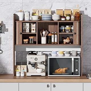 Large Microwave Stand with Storage, Mid Century Modern Over Microwave Shelf Rack, Fluted Kitchen Countertop Shelf Organizer with Sliding Door, Space Saving, 35 x 31 Inch, Wooden, Walnut