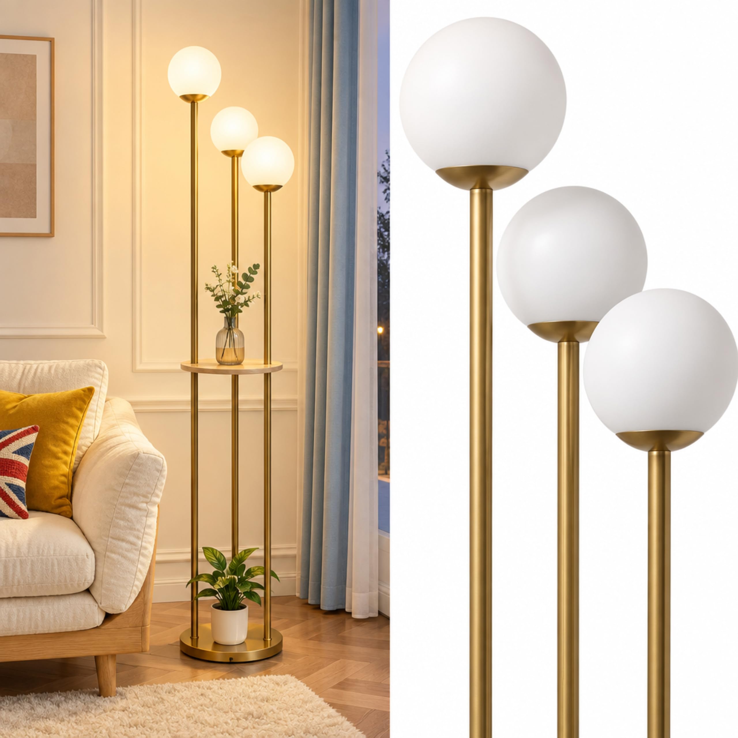 Fiqevs 3 Globe Mid Century Modern Floor Lamp with Shelves for Living Room