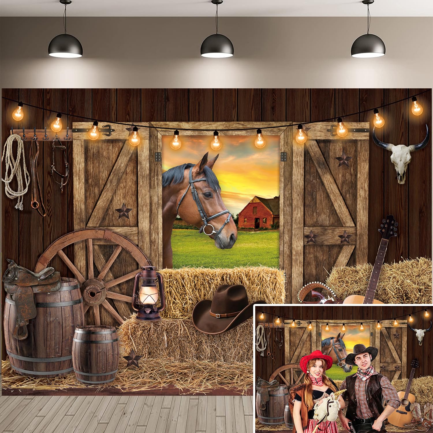 Toile de Fond de Cowboy Occidentale en Bois Rustique pour Enfants et Adultes - Décoration de fête prénatale (210 x 150 cm)