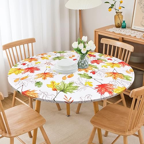 Miniatura 1 de Mantel redondo ajustado de elastano elástico con borde elástico y hojas de arce para fiestas, comedor, hogar, picnic, 48 pulgadas