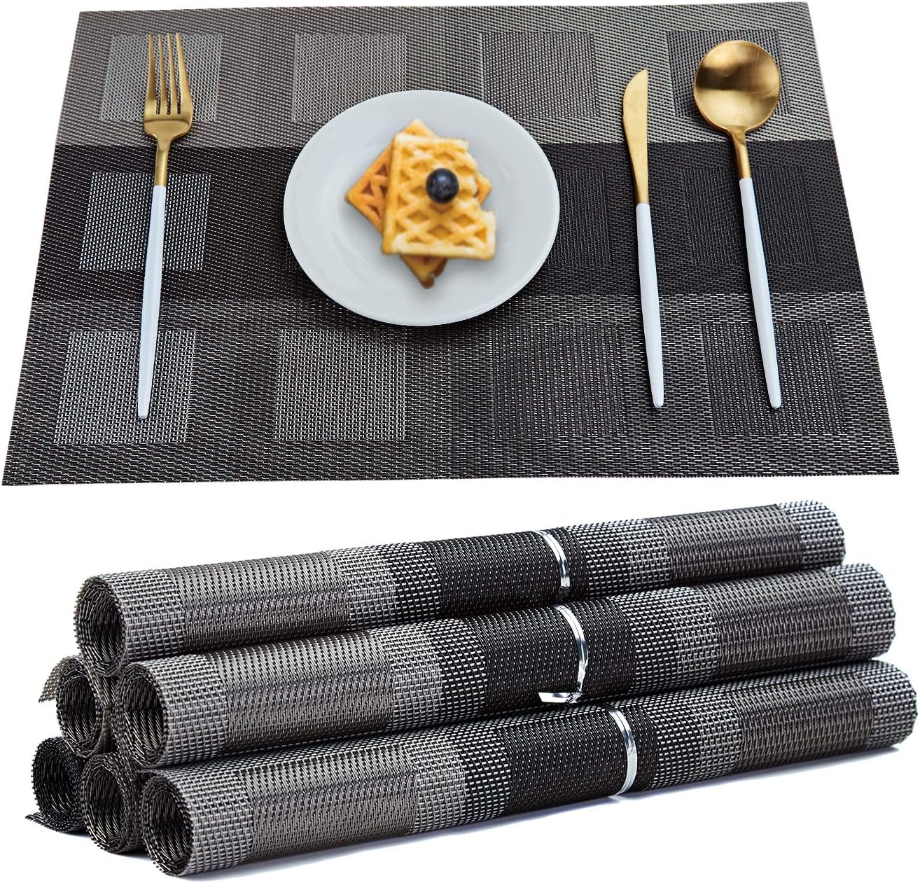 RICHTOP Placemats Set of 6 Pack Woven Vinyl Table Mats PVC Coasters Heat Insulation Stain Resistant Non Slip Kitchen Dining Table Decoration