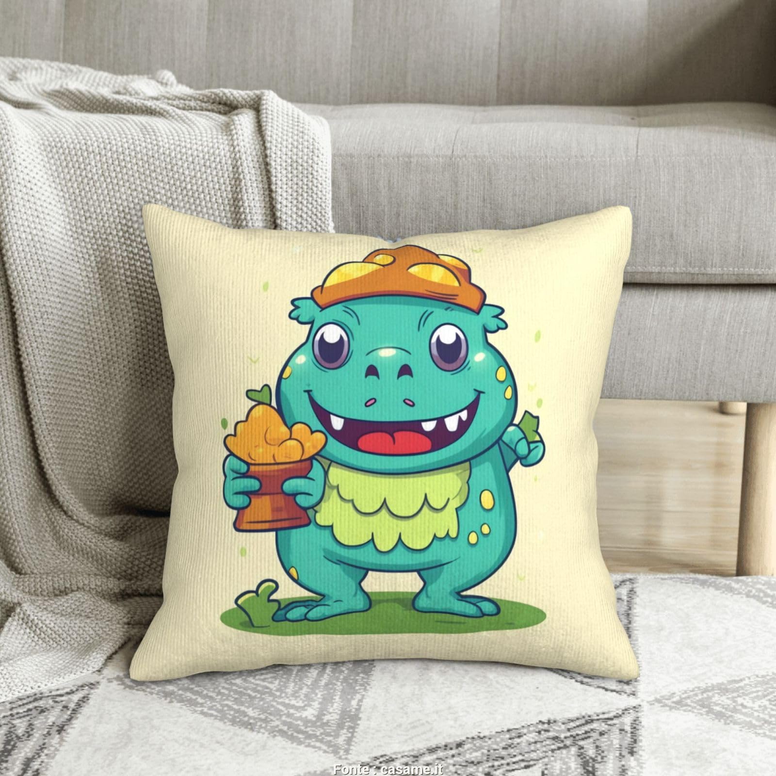Housse de coussin décorative velours côtelé motif monstre
