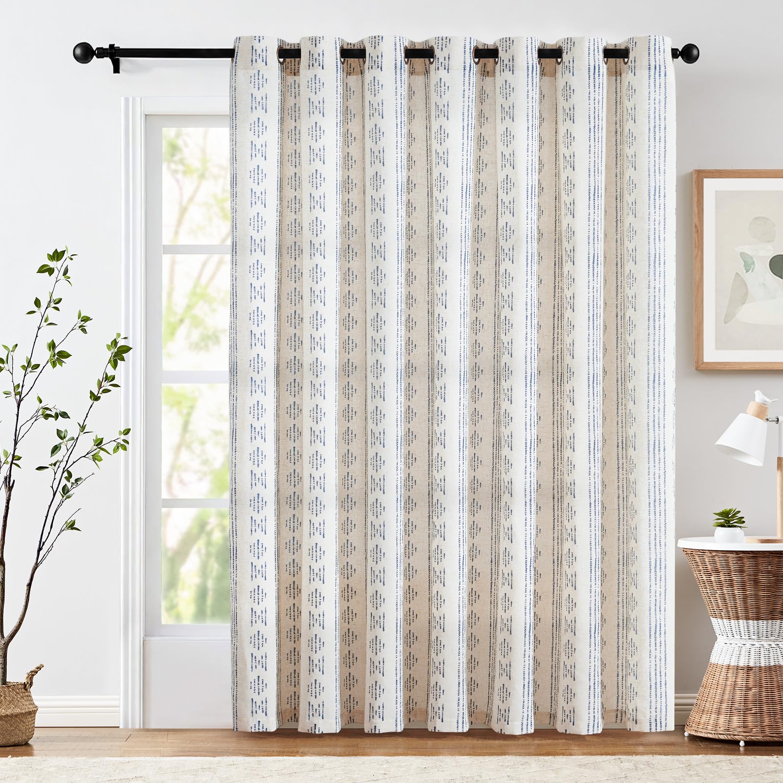 jinchan Boho Curtains Linen Blend Sliding Patio Door Curtains 84 Inches Long 1 Panel Drapes Extra Wide Blue Farmhouse Curtains for Living Room