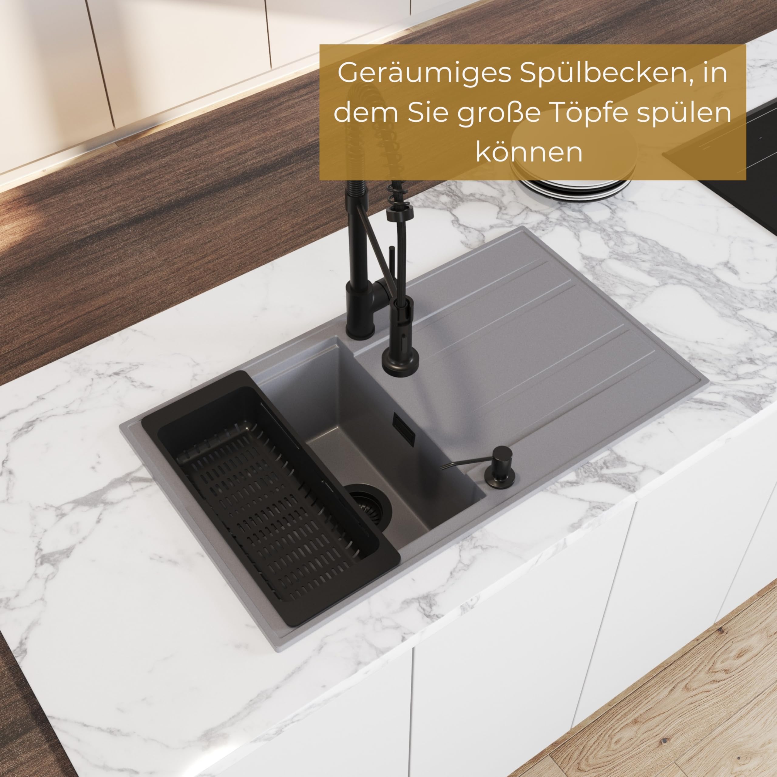 SINK Quality zlewozmywak kuchenny z ociekaczem – zlewozmywak szary 80 x 46 cm – w zestawie syfon i środki impregnujące – zlewozmywak do zabudowy do szafki pod umywalkę 55 – zlewozmywak granitowy szary