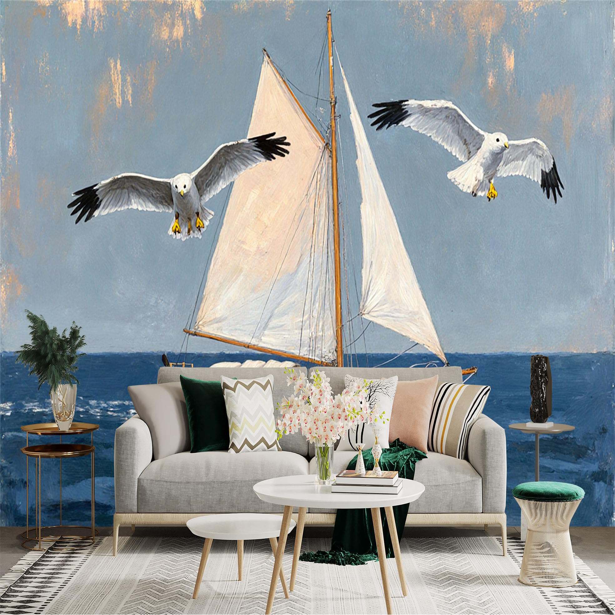 Custom Size Wall Sticker Mural， Sailing Yacht on Calm Blue Ocean， Soaring Seagulls in Flight， Artistic Nautical Scenery， for wall Decoration， peelandstick wall Decals.