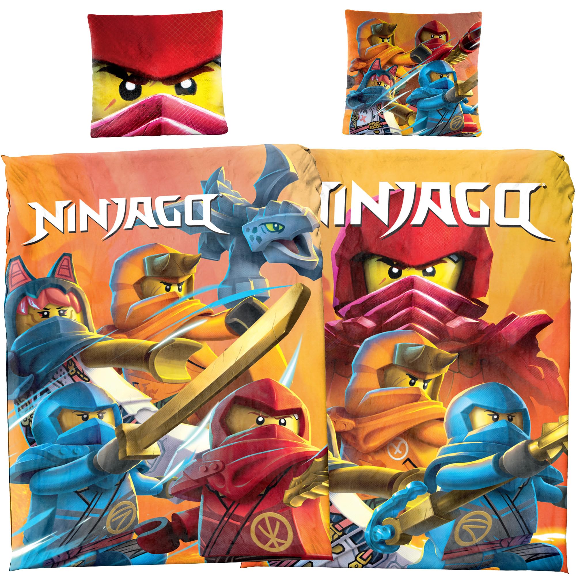 Lego Ninjago Movie Battle Parure de lit pour enfant – 135 x 200 cm + 80 x 80 cm – 100 % linon de coton – Cole – Jay – Kai – Lloyd – Zane – NYA – Misako – Sensei Wu – Renforcé – Taille allemande –