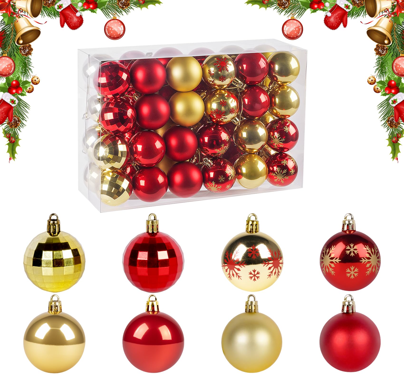 ilauke 5cm Bolas Arbol de Navidad,48 Bolas de Navidad Dorado y Rojo,8 Estilos Bolas de Plástico Personalizada,Adornos para Árboles de Navidad Plástico,Decoración de Bolas para Boda Cumpleaños Fiesta