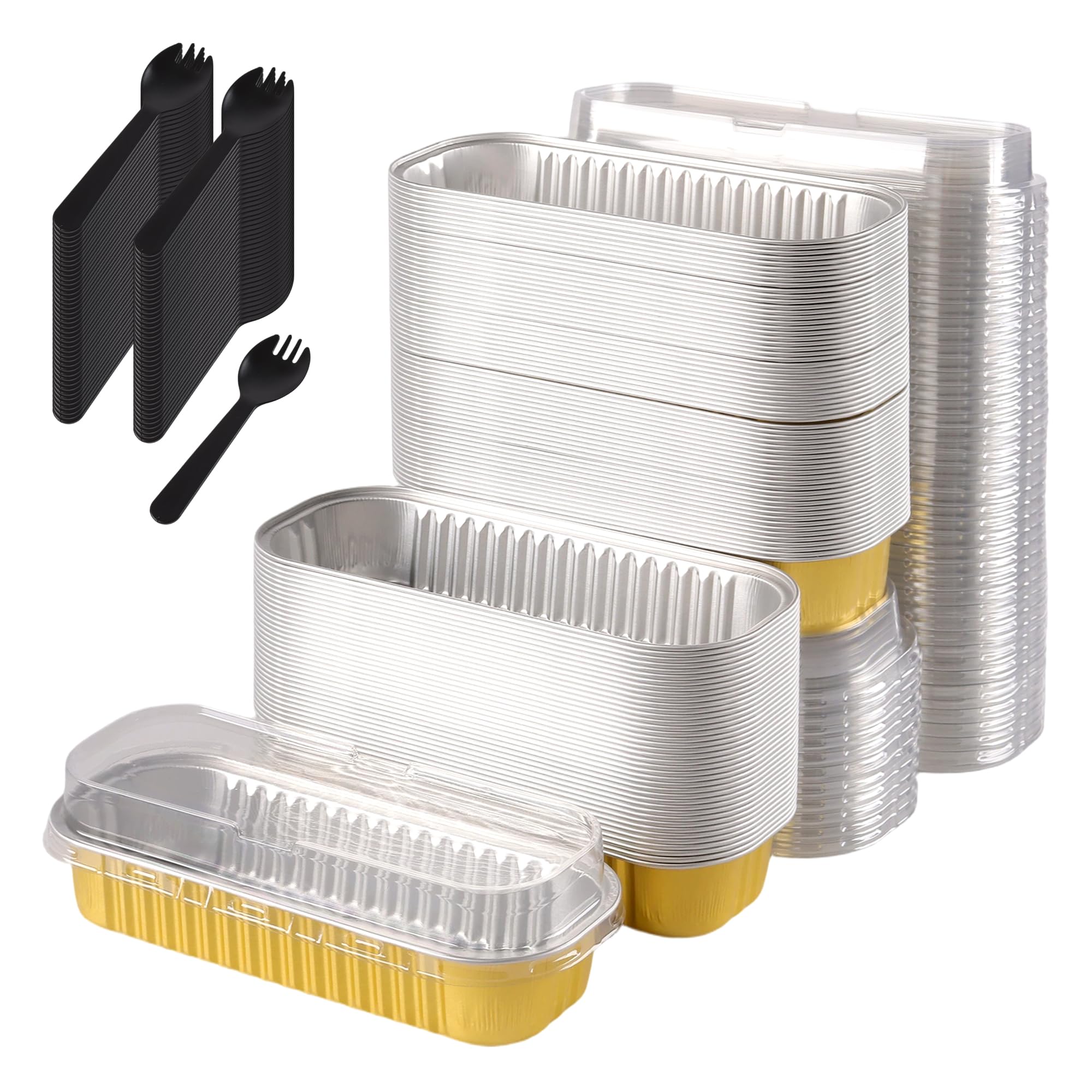 Set da 100 mini teglie rettangolari in alluminio dorato da 200 ml, con coperchio e cucchiai, per dolci, dolci, torte, pane