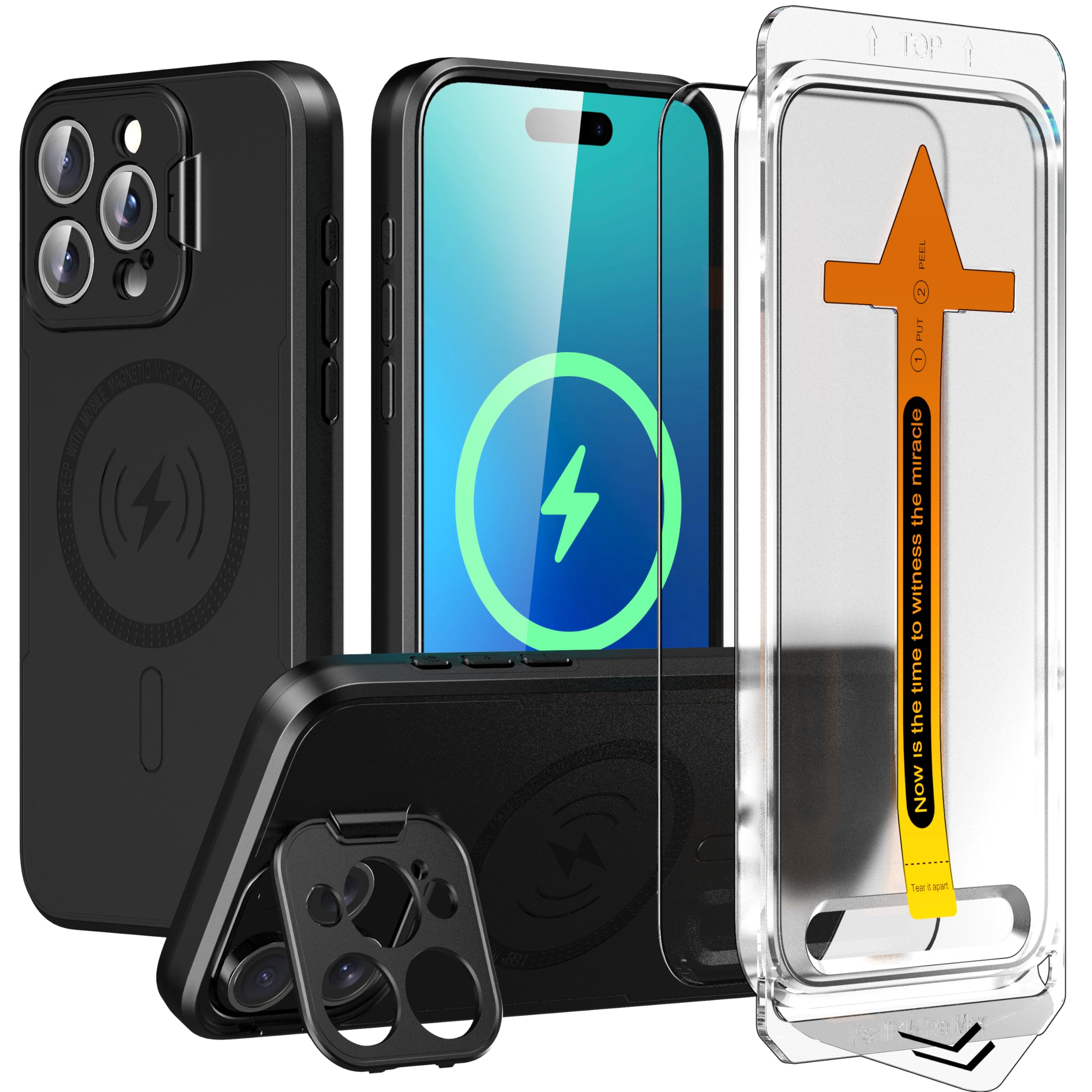 LEGFES Designed for iPhone 15 Pro Max Case (Only) with Camera Cover [Compatible with MagSafe] - Tempered Glass Screen Protector [GlasTR EZ FIT] Black