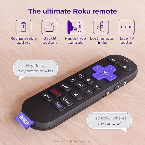 Roku Voice Remote Pro (2nd Ed.) | Rechargeable TV Remote Control with Hands-free Voice Controls, Backlit Buttons, Lost Remote Finder - Replacement Remote Compatible with All Roku TV, Players & Audio