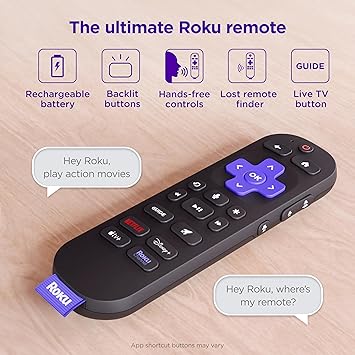 Roku Voice Remote Pro (2nd Ed.) | Rechargeable TV Remote Control with Hands-free Voice Controls, Backlit Buttons, Lost Remote Finder - Replacement Remote Compatible with All Roku TV, Players & Audio