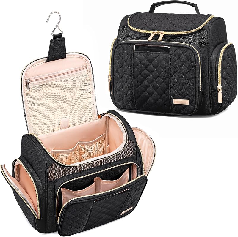 Generic Necessaire de viagem com cabide, compartimentos e bolso transparente para celular, preta