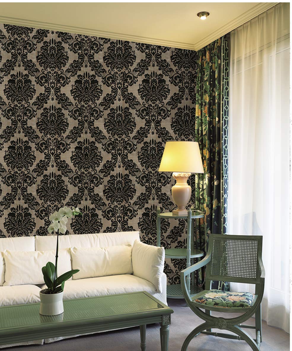 Papel tapiz de vinilo de damasco victoriano para pegar y despegar, papel tapiz autoadhesivo marrón/negro, papel impermeable extraíble para paredes de dormitorio, sala de estar, 17.7 x 118