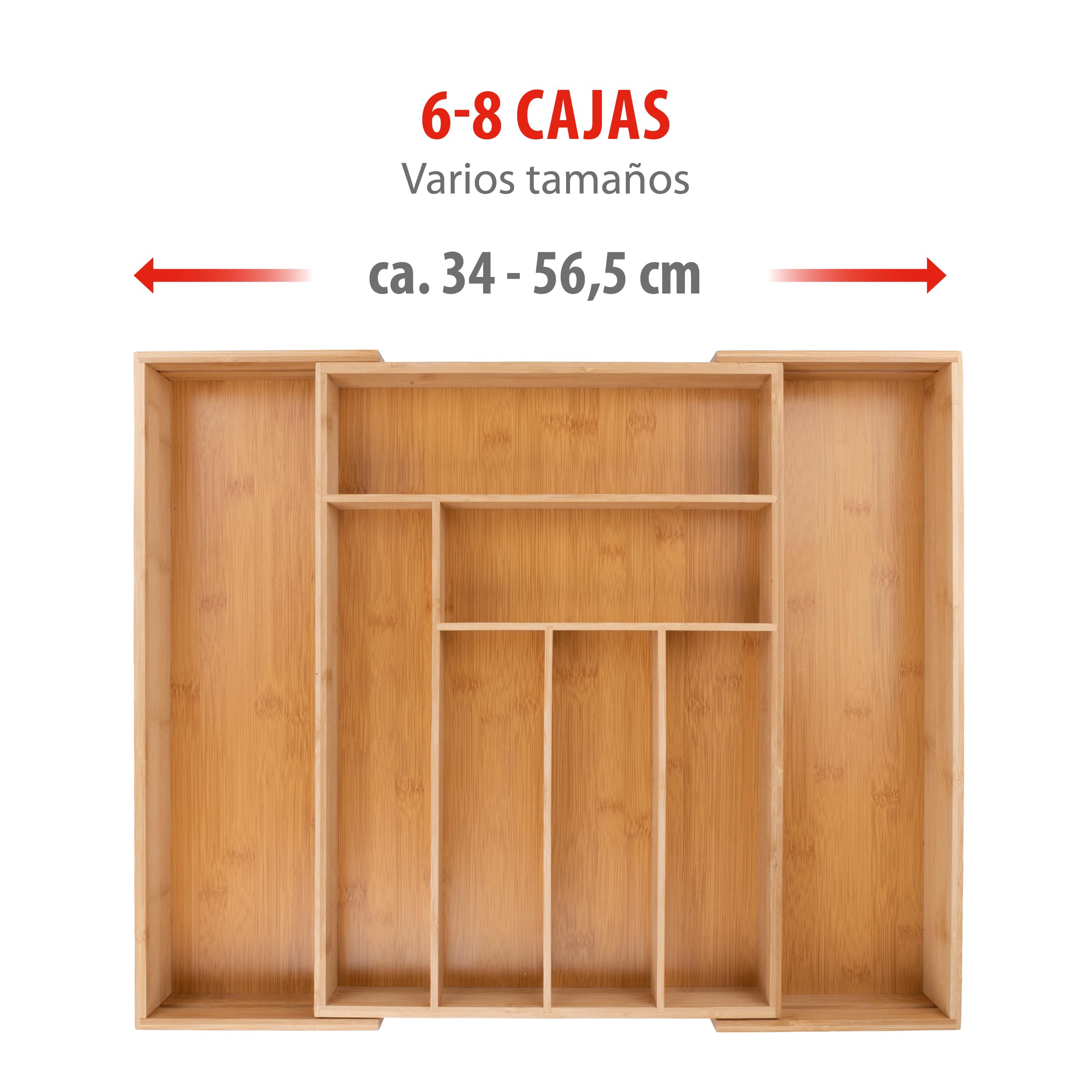 alpina Organizador Cajones - Cubertos para Cajon Cocina Extensible 46x34-56,5x6 cm - Caja Organizadora para Utensilios hasta 8 Compartimentos - Para Utensilios de Cocina, Gafas de Sol y Más - Bambú