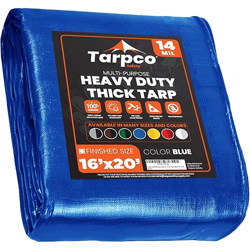 Tarpco Safety Extra Heavy Duty 14 Mil Tarp Cover, Waterproof, UV Resistant, Rip and Tear Proof, Poly Tarpaulin with Reinforced Edges for Roof, Camping, Patio, Pool , Boat (Blue 16′ X 20′)