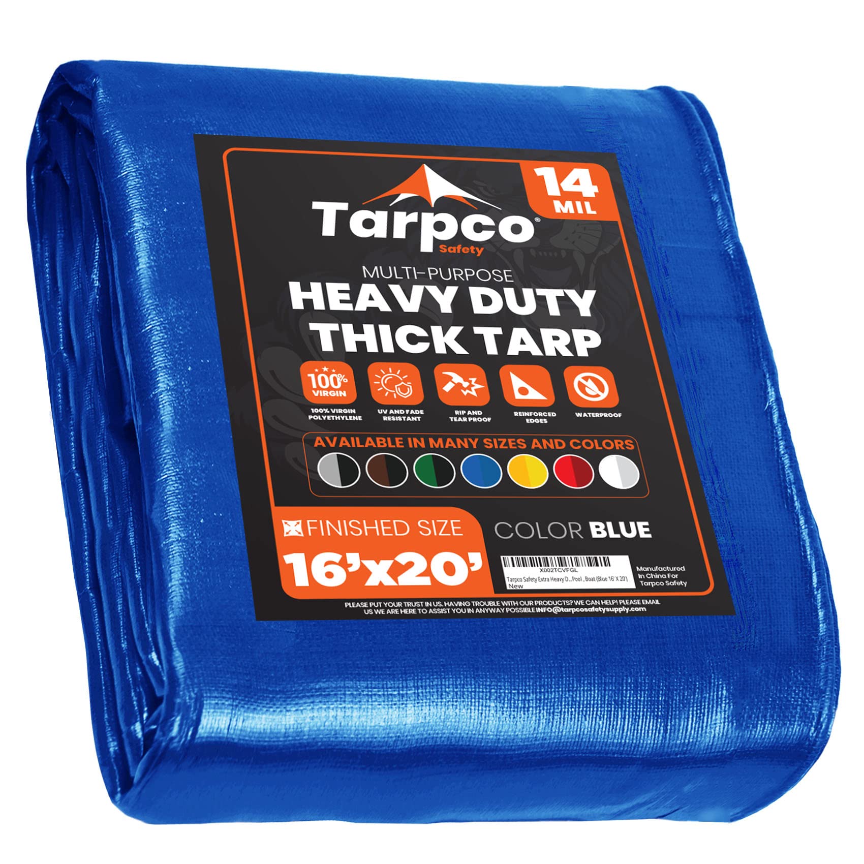 Extra Heavy Duty 14 Mil Tarp Cover, Waterproof, UV Resistant, Rip and Tear Proof, Poly Tarpaulin with Reinforced Edges for Roof, Camping, Patio, Pool, Boat (Blue 16′ X 20′)
