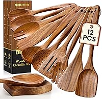 Snuvid 12-Piece Teak Wood Kitchen Utensils Set with Spoon Rest - Nonstick Heat-Resistant Wooden Spoons for Cooking