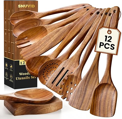 Cucharas de madera para cocinar, juego de 12 utensilios de cocina de madera antiadherentes con agarre cómodo, 100% madera de teca natural,