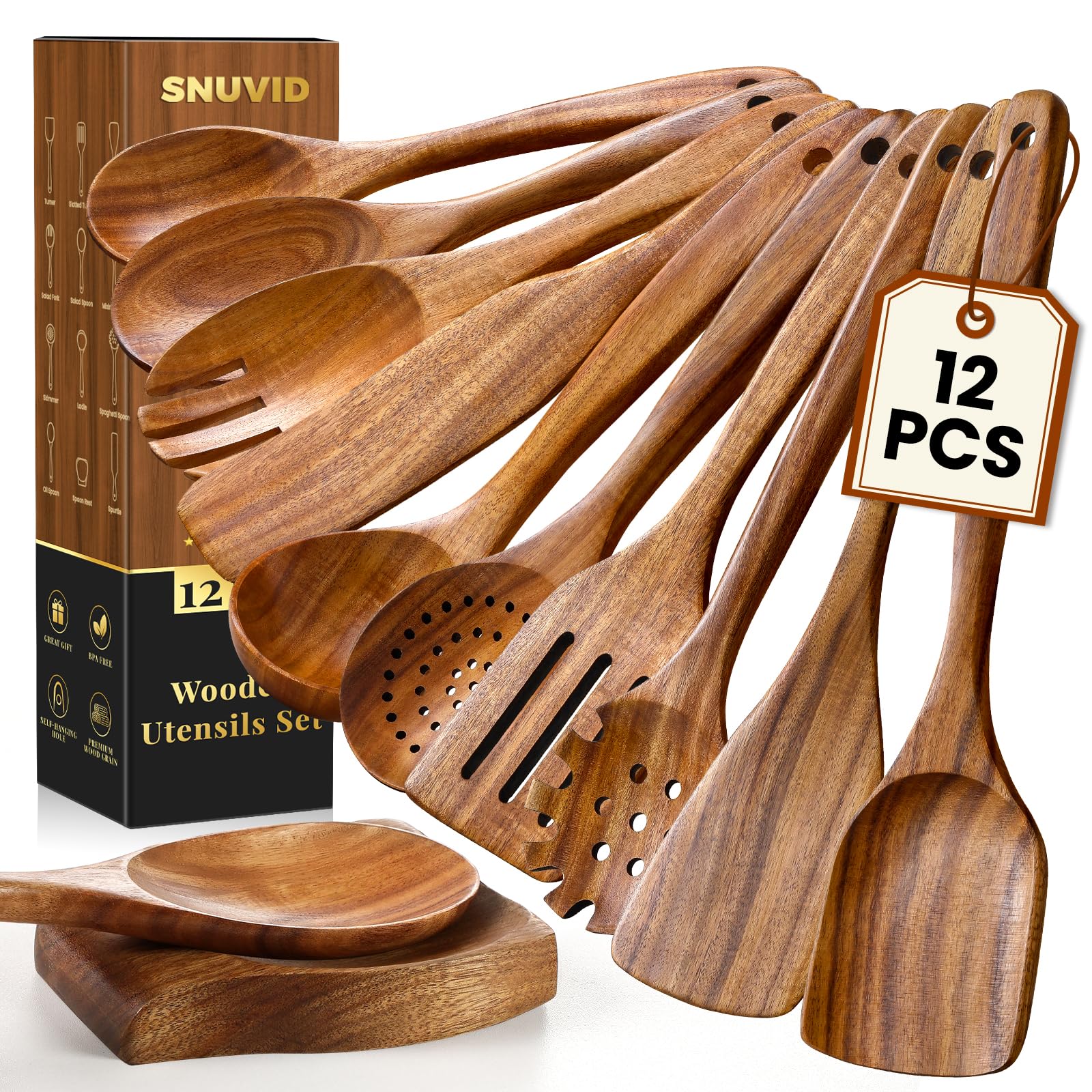 Snuvid 12-Piece Teak Wood Kitchen Utensils Set