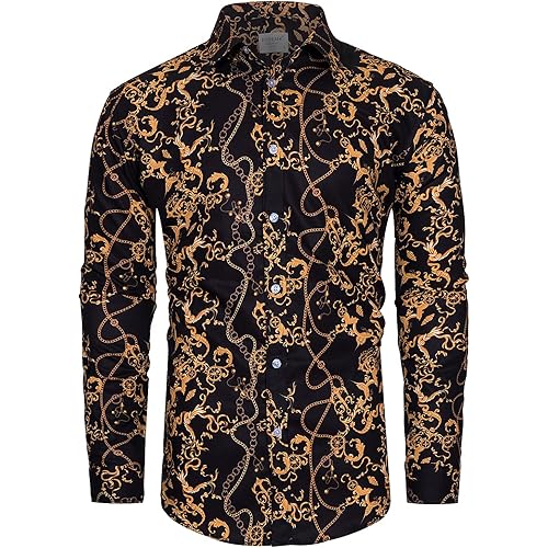 Mens Luxury Dress Shirts Baroque Gold Chain Print Casual Long Sleeve Button Down Buchona Shirt for Party