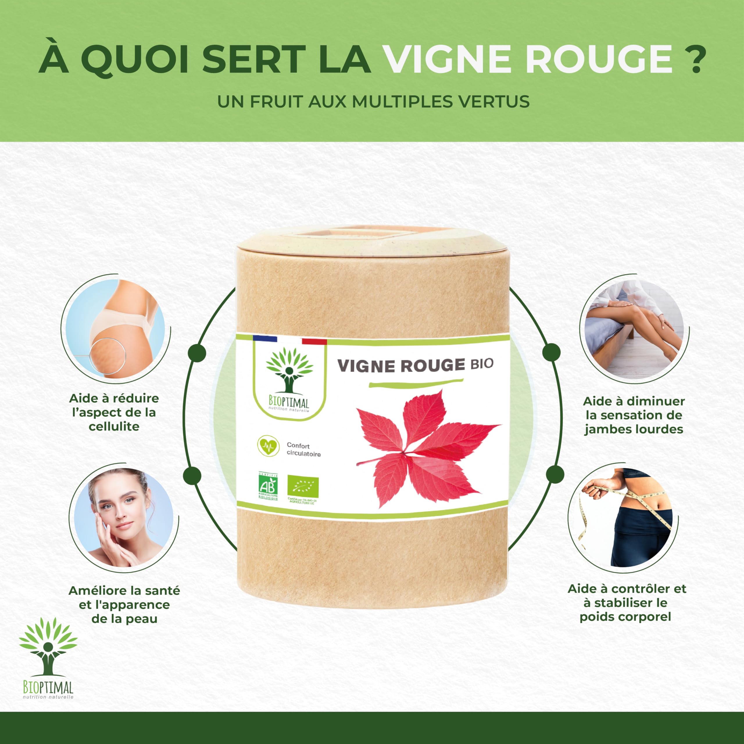 Vigne rouge Bio - Complément alimentaire Bioptimal - Jambes Lourdes Peau Saine Circulation Sanguine Hémorroïdes - 300 mg de Feuille de Vigne x gélule - Made in France - Certifié Ecocert - 200 gélules